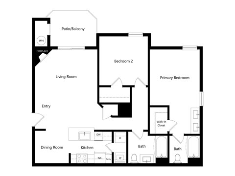 Floor plan for 2 beds, 2 baths, 1136 sqft